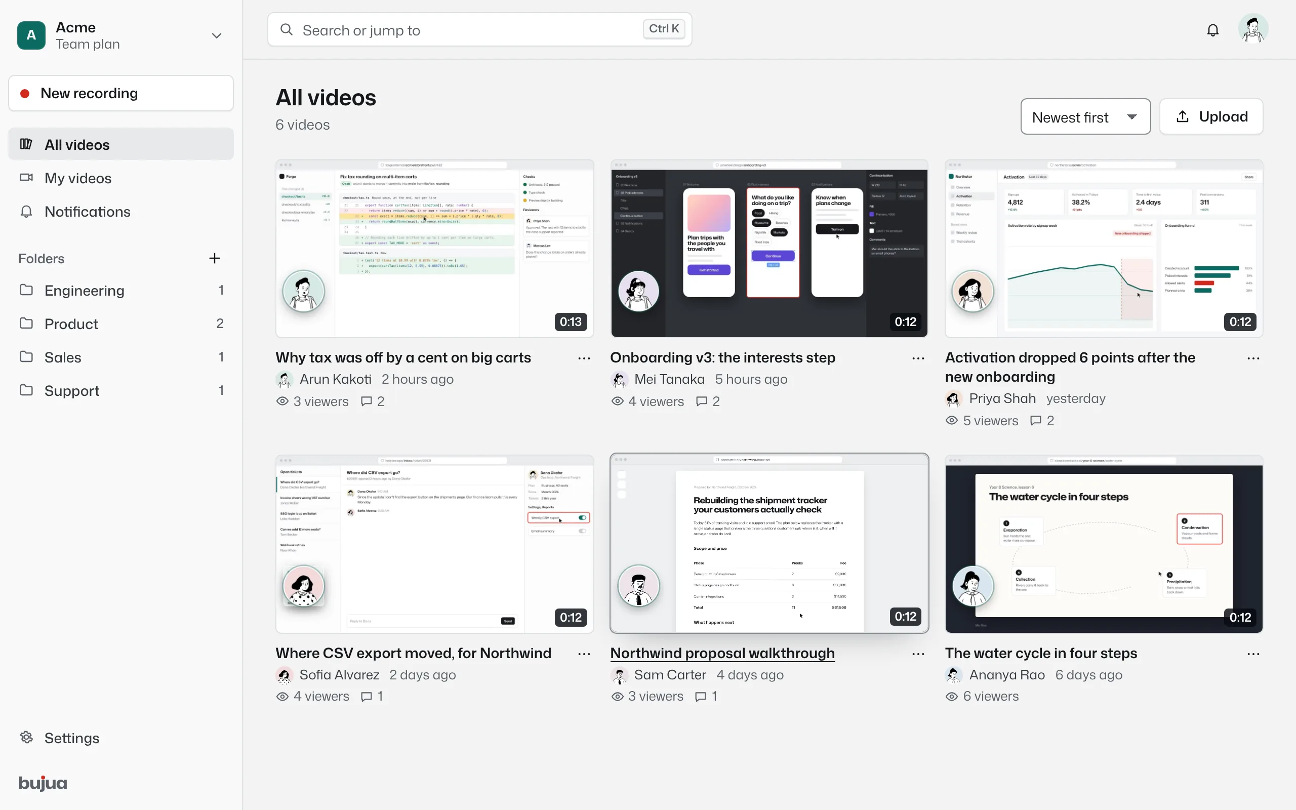 The Bujua library with six videos from different teammates, organised in folders