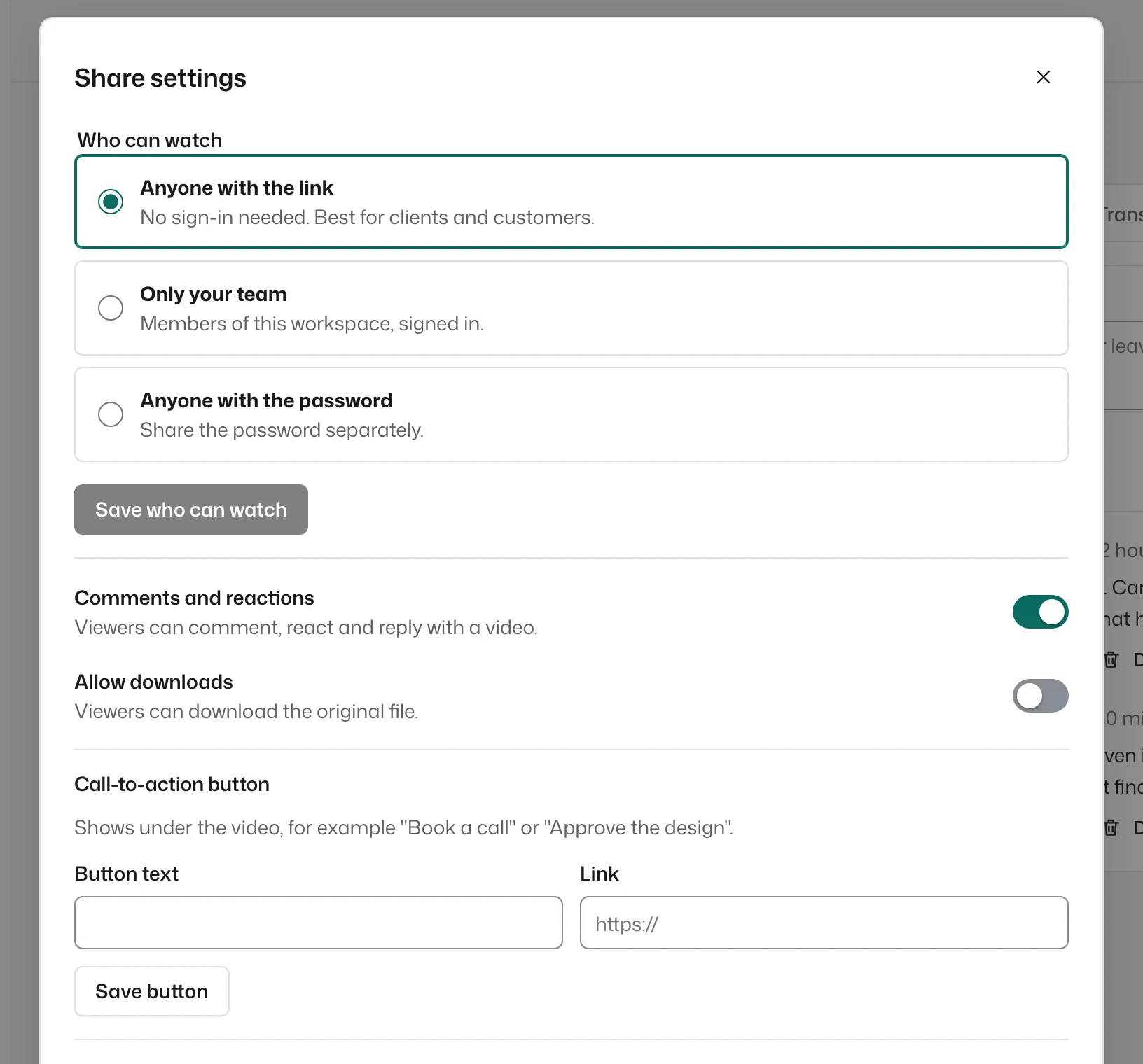 The share dialog with options for who can watch the video