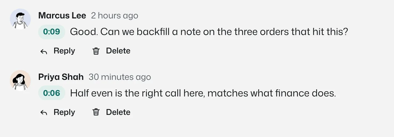 Two comments, each with a timestamp chip, under a video