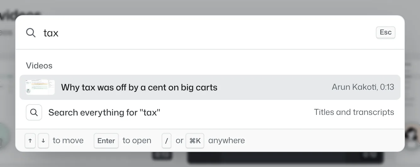 The command menu searching videos for the word tax